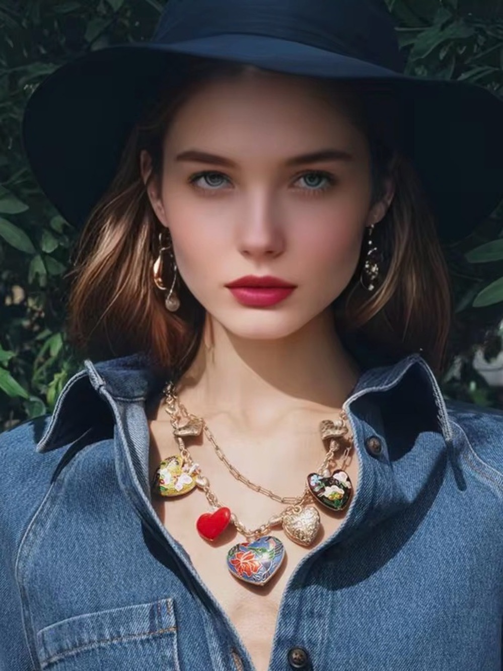 Boho Gold-Tone Red and Multicolor Heart Charm Double Necklace with Red